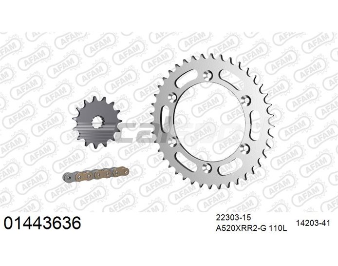 01443636 - AFAM Premium Chain & Steel Sprocket Kit, 520 (OE pitch) - Gold 110 link chain, 15T steel/41T steel sprockets