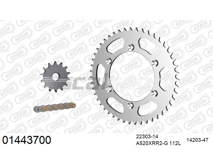 01443700 - AFAM Premium Chain & Steel Sprocket Kit, 520 (OE pitch) - Gold 112 link chain, 14T steel/47T steel sprockets