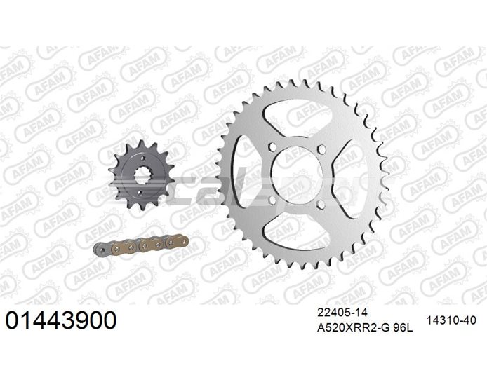 01443900 - AFAM Premium Chain & Steel Sprocket Kit, 520 (OE pitch) - Gold 96 link chain, 14T steel/40T steel sprockets