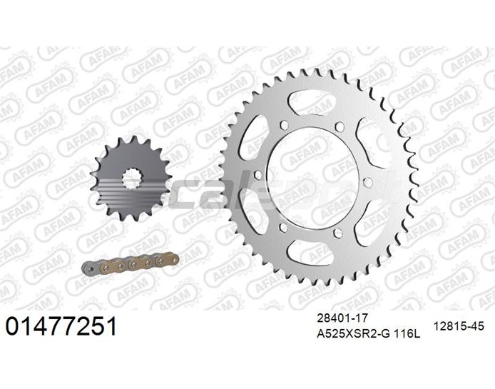 01477251 - AFAM Premium Chain & Steel Sprocket Kit, 525 (OE pitch) - Gold 116 link chain, 17T steel/45T steel sprockets