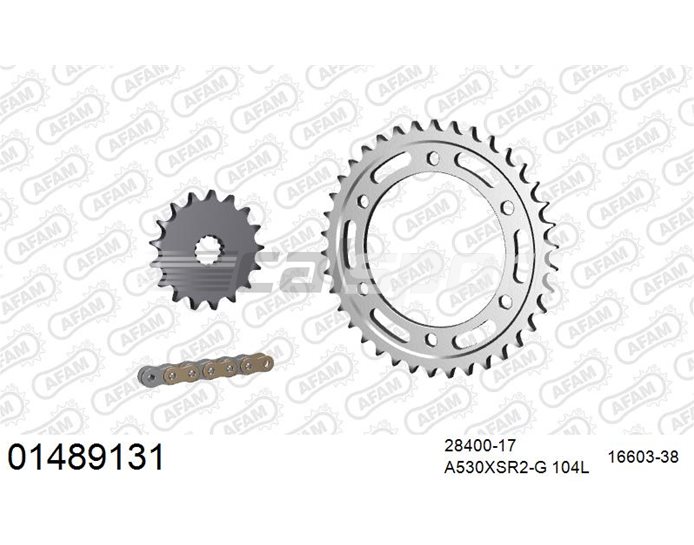 01489131 - AFAM Premium Chain & Steel Sprocket Kit, 530 (OE pitch) - Gold 104 link chain, 17T steel/38T steel sprockets