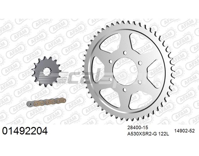 01492204 - AFAM Premium Chain & Steel Sprocket Kit, 530 (OE pitch) - Gold 122 link chain, 15T steel/52T steel sprockets