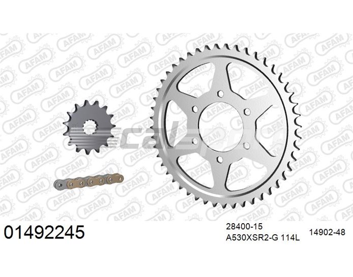 01492245 - AFAM Premium Chain & Steel Sprocket Kit, 530 (OE pitch) - Gold 114 link chain, 15T steel/48T steel sprockets