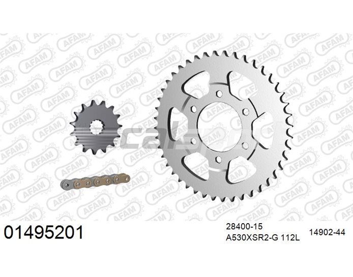01495201 - AFAM Premium Chain & Steel Sprocket Kit, 530 (OE pitch) - Gold 112 link chain, 15T steel/44T steel sprockets