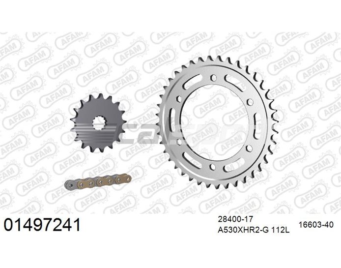 01497241 - AFAM Premium Chain & Steel Sprocket Kit, 530 (OE pitch) - Gold 112 link chain, 17T steel/40T steel sprockets