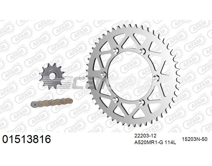 01513816 - AFAM Premium Chain & Ultralight Alu Racing Sprocket Kit, 520 (OE pitch) - Gold 114 link chain, 12T steel/50T alu sprockets