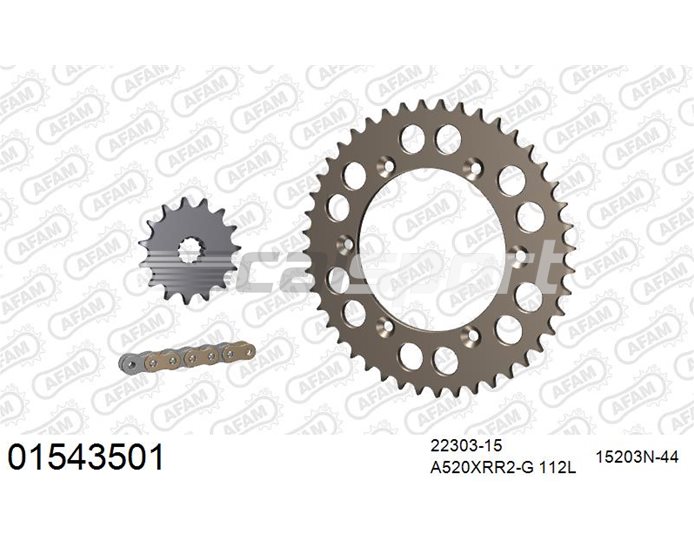 01543501 - AFAM Premium Chain & Ultralight Alu Racing Sprocket Kit, 520 (OE pitch) - Gold 112 link chain, 15T steel/44T alu sprockets