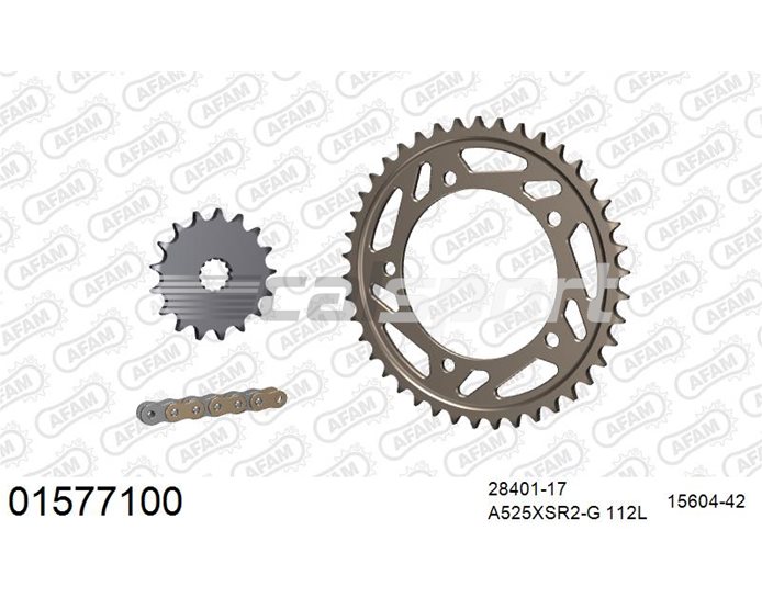 01577100 - AFAM Premium Chain & Ultralight Alu Racing Sprocket Kit, 525 (OE pitch), GSR 750 A ABS only,Non ABS - Gold 112 link chain, 17T steel/42T alu