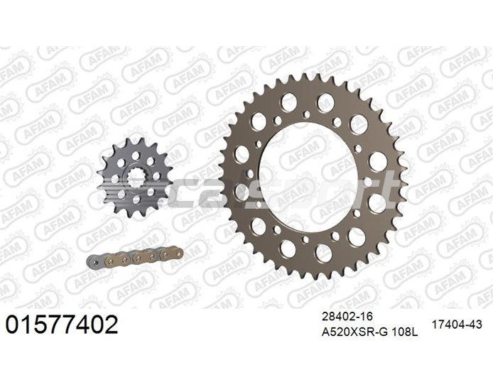 01577402 - AFAM Premium Chain & Ultralight Alu Racing Sprocket Kit, 520 conversion - Gold 108 link chain, 16T steel/43T alu sprockets