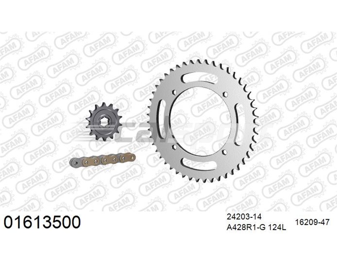 01613500 - AFAM Premium Chain & Steel Sprocket Kit, 428 (OE pitch) - Gold 124 link chain, 14T steel/47T steel sprockets