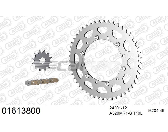 01613800 - AFAM Premium Chain & Steel Sprocket Kit, 520 conversion - Gold 110 link chain, 12T steel/49T steel sprockets