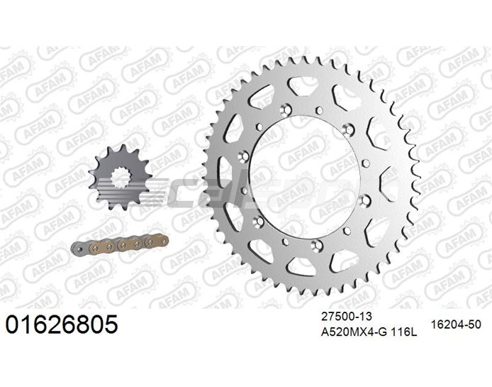 01626805 - AFAM Premium Chain & Steel Sprocket Kit, 520 (OE pitch) - Gold 116 link chain, 13T steel/50T steel sprockets