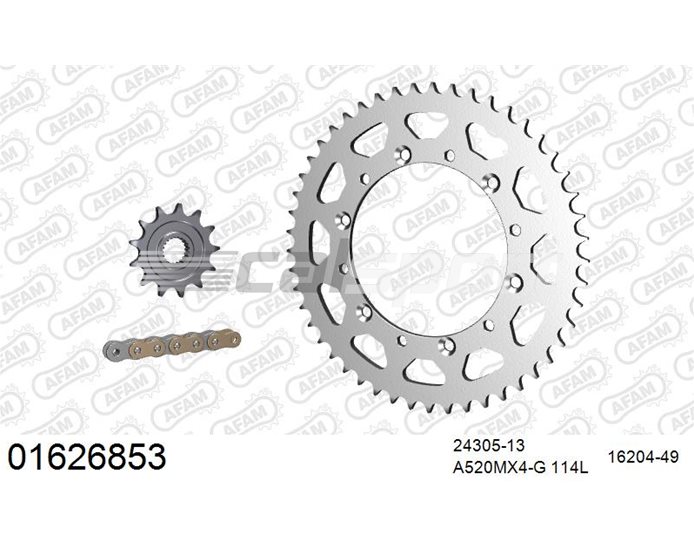 01626853 - AFAM Premium Chain & Steel Sprocket Kit, 520 (OE pitch) - Gold 114 link chain, 13T steel/49T steel sprockets