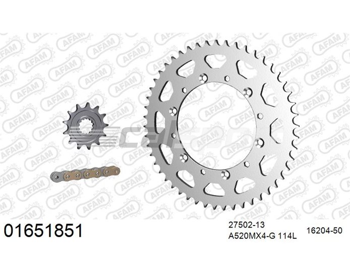 01651851 - AFAM Premium Chain & Steel Sprocket Kit, 520 (OE pitch) - Gold 114 link chain, 13T steel/50T steel sprockets