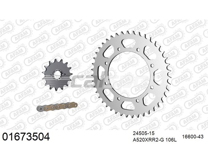 01673504 - AFAM Premium Chain & Steel Sprocket Kit, 520 (OE pitch) - Gold 106 link chain, 15T steel/43T steel sprockets