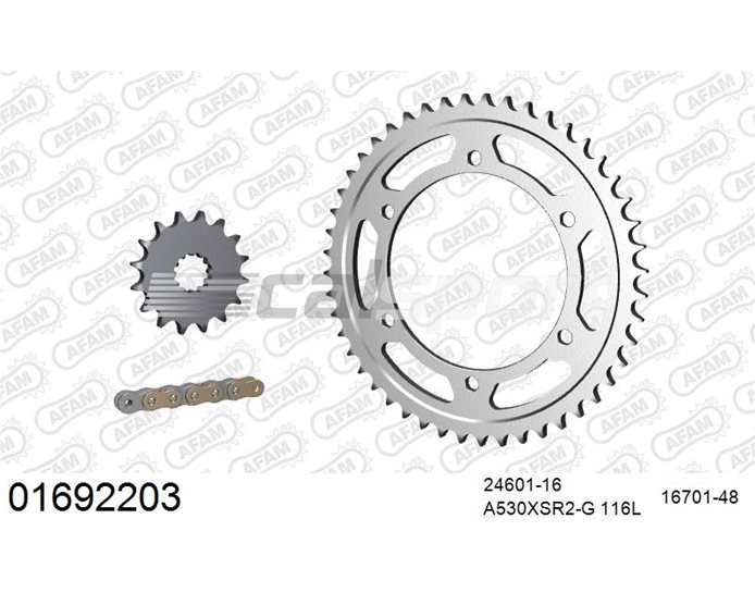 01692203 - AFAM Premium Chain & Steel Sprocket Kit, 530 (OE pitch) - Gold 116 link chain, 16T steel/48T steel sprockets