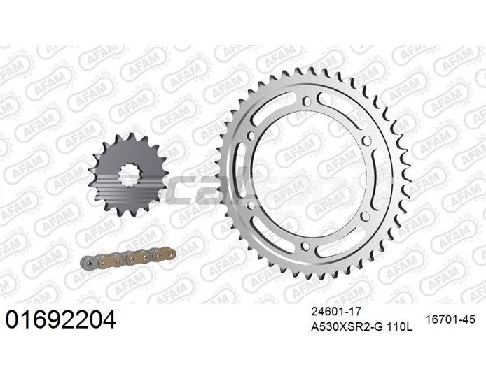 01692204 - AFAM Premium Chain & Steel Sprocket Kit, 530 (OE pitch) - Gold 110 link chain, 17T steel/45T steel sprockets