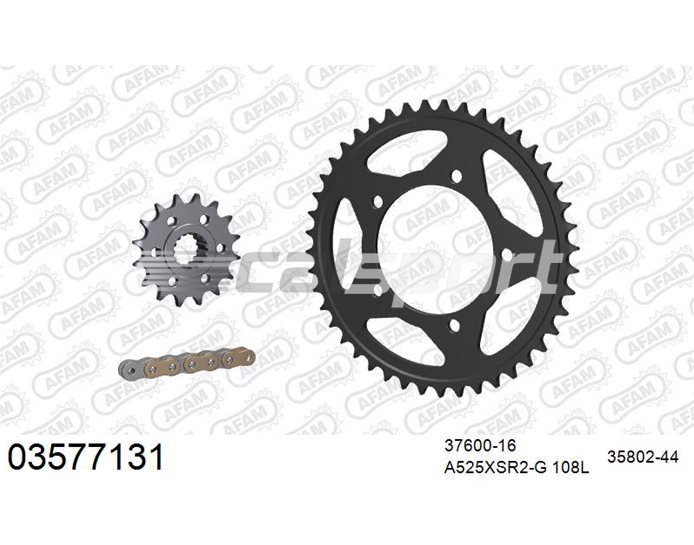 03577131 - AFAM Premium Chain & Steel Sprocket Kit, 525 (OE pitch), GT,GT ABS,RA,RAE,RAE ABS - Gold 108 link chain, 16T steel/44T steel sprockets