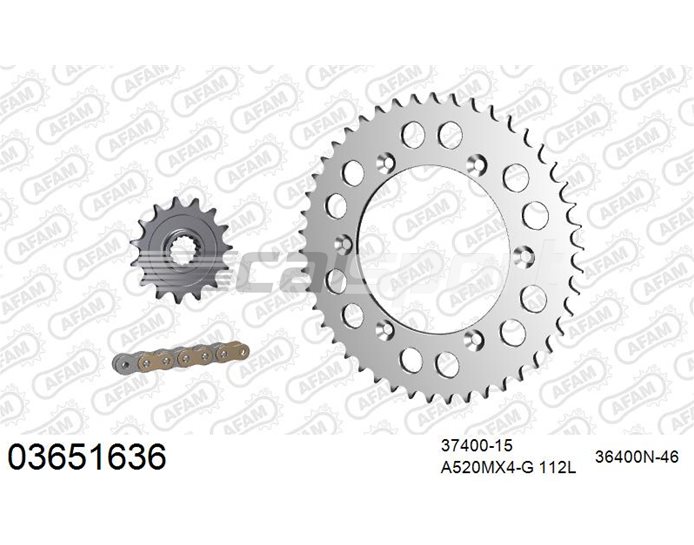 03651636 - AFAM Premium Chain & Ultralight Alu Racing Sprocket Kit, 520 (OE pitch) - Gold 112 link chain, 15T steel/46T alu sprockets
