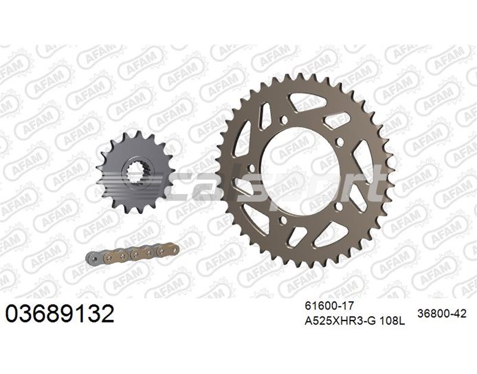 03689132 - AFAM Premium Chain & Ultralight Alu Racing Sprocket Kit, 525 (OE pitch) - Gold 108 link chain, 17T steel/42T alu sprockets