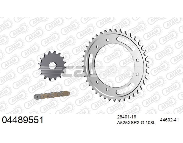 04489551 - AFAM Premium Chain & Steel Sprocket Kit, 525 (OE pitch) - Gold 108 link chain, 16T steel/41T steel sprockets