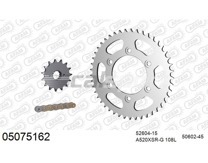 05075162 - AFAM Premium Chain & Steel Sprocket Kit, 520 (OE pitch) - Gold 108 link chain, 15T steel/45T steel sprockets