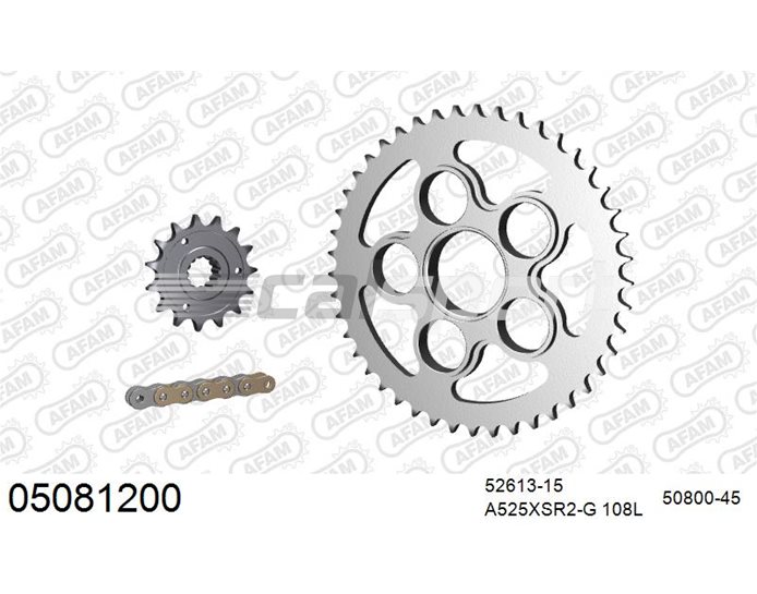 05081200 - AFAM Premium Chain & Steel Sprocket Kit, 525 (OE pitch) - Gold 108 link chain, 15T steel/45T steel sprockets