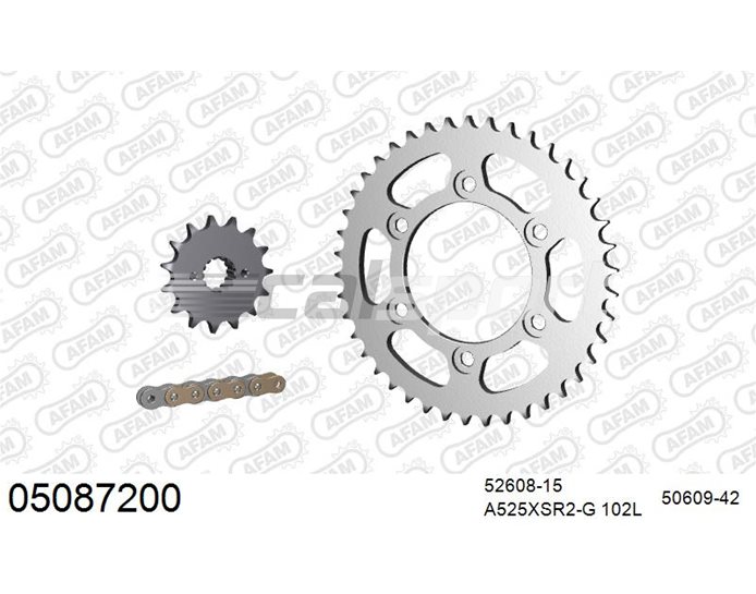 05087200 - AFAM Premium Chain & Steel Sprocket Kit, 525 (OE pitch) - Gold 102 link chain, 15T steel/42T steel sprockets