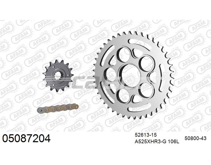 05087204 - AFAM Premium Chain & Steel Sprocket Kit, 525 (OE pitch) - Gold 106 link chain, 15T steel/43T steel sprockets