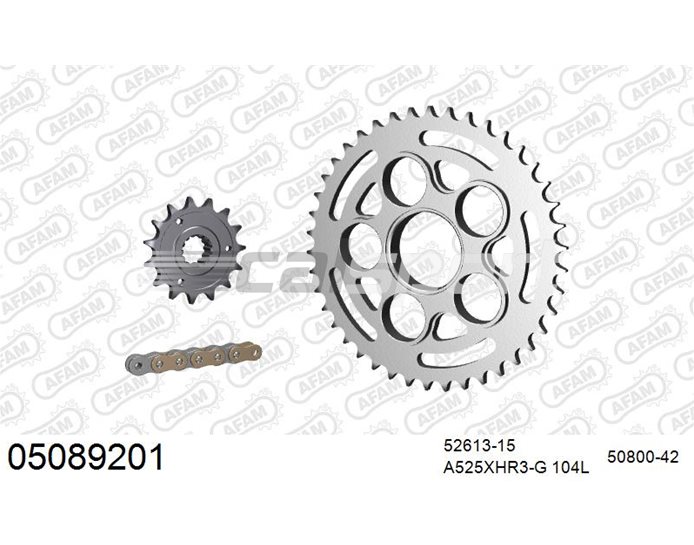 05089201 - AFAM Premium Chain & Steel Sprocket Kit, 525 (OE pitch) - Gold 104 link chain, 15T steel/42T steel sprockets