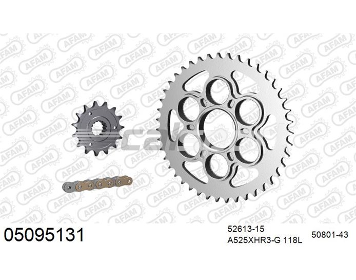 AFAM Premium Chain & Steel Sprocket Kit, 525 (OE pitch), inc AMG,Carbon ABS,Chromo,Dark ABS,Strada ABS - Gold 118 link chain, 15T steel/43T