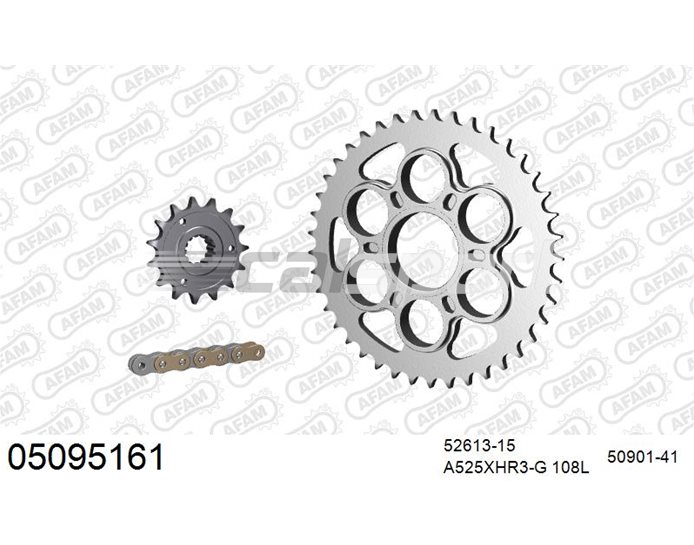 05095161 - AFAM Premium Chain & Steel Sprocket Kit, 525 (OE pitch), R - Gold 108 link chain, 15T steel/41T steel sprockets