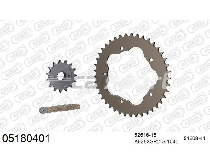 05180401 - AFAM Premium Chain & Ultralight Alu Racing Sprocket Kit, 525 (OE pitch) - Gold 104 link chain, 15T steel/41T alu sprockets