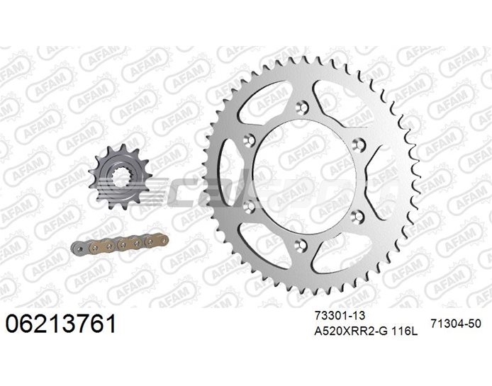06213761 - AFAM Premium Chain & Steel Sprocket Kit, 520 (OE pitch) - Gold 116 link chain, 13T steel/50T steel sprockets