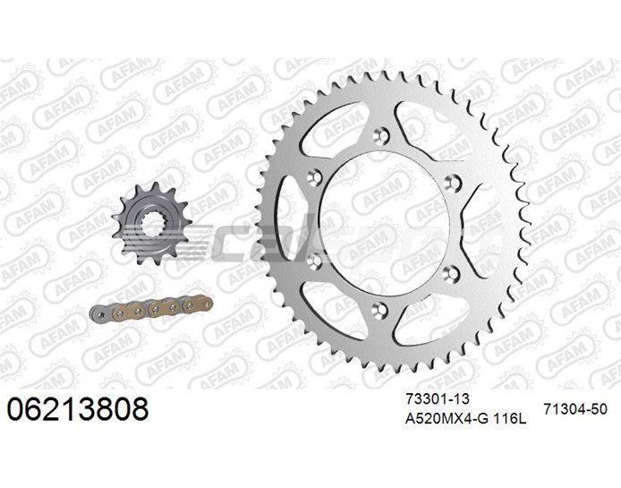 06213808 - AFAM Premium Chain & Steel Sprocket Kit, 520 (OE pitch) - Gold 116 link chain, 13T steel/50T steel sprockets