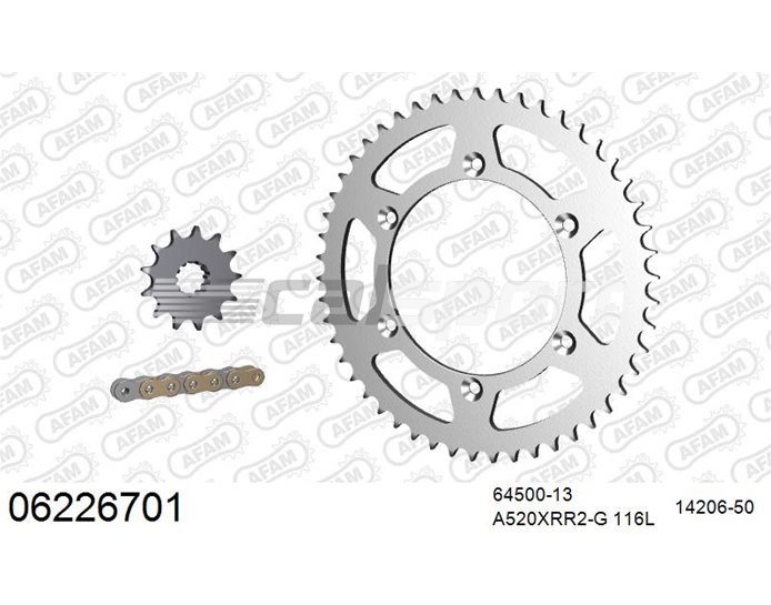 06226701 - AFAM Premium Chain & Steel Sprocket Kit, 520 (OE pitch) - Gold 116 link chain, 13T steel/50T steel sprockets