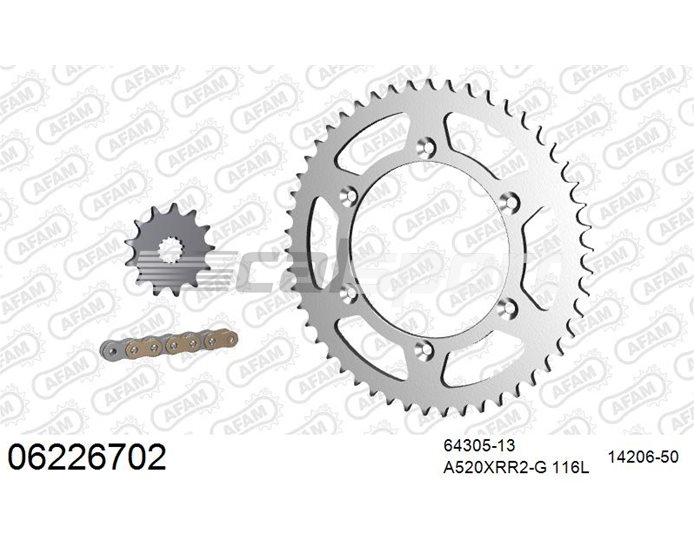 06226702 - AFAM Premium Chain & Steel Sprocket Kit, 520 (OE pitch) - Gold 116 link chain, 13T steel/50T steel sprockets