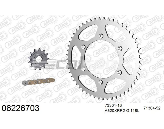 06226703 - AFAM Premium Chain & Steel Sprocket Kit, 520 (OE pitch) - Gold 118 link chain, 13T steel/52T steel sprockets