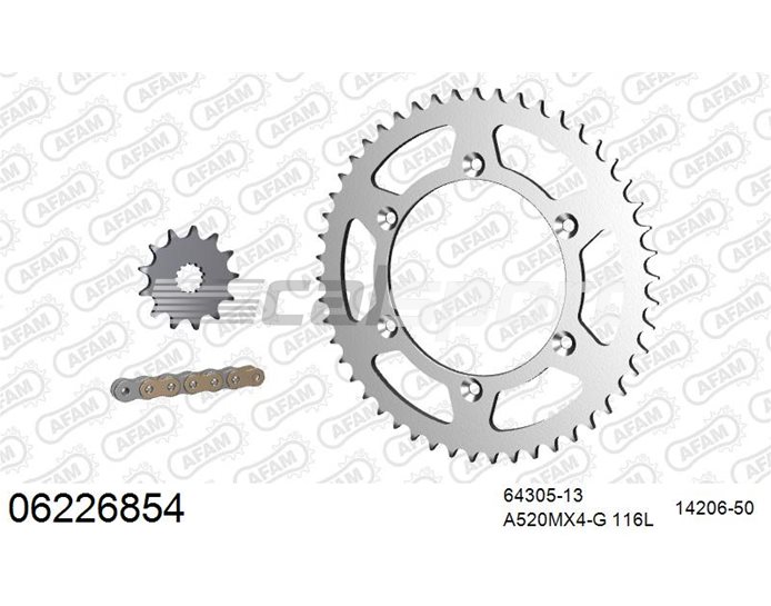 06226854 - AFAM Premium Chain & Steel Sprocket Kit, 520 (OE pitch) - Gold 116 link chain, 13T steel/50T steel sprockets