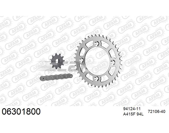 06301800 - AFAM Premium Chain & Ultralight Alu Racing Sprocket Kit, 415 (OE pitch) - Plain Steel 94 link chain, 11T steel/40T alu sprockets