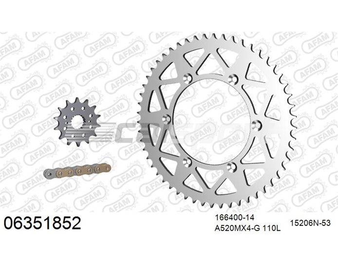 06351852 - AFAM Premium Chain & Ultralight Alu Racing Sprocket Kit, 520 (OE pitch) - Gold 110 link chain, 14T steel/53T alu sprockets