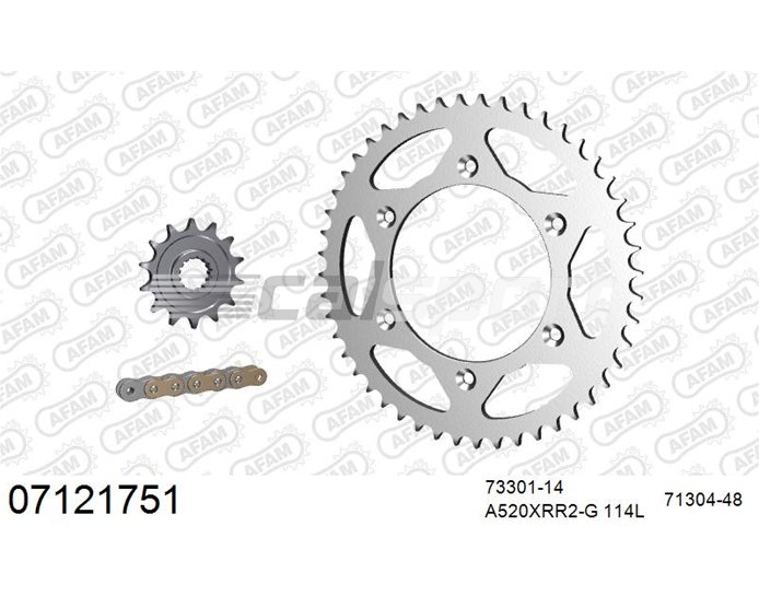 07121751 - AFAM Premium Chain & Steel Sprocket Kit, 520 (OE pitch) - Gold 114 link chain, 14T steel/48T steel sprockets