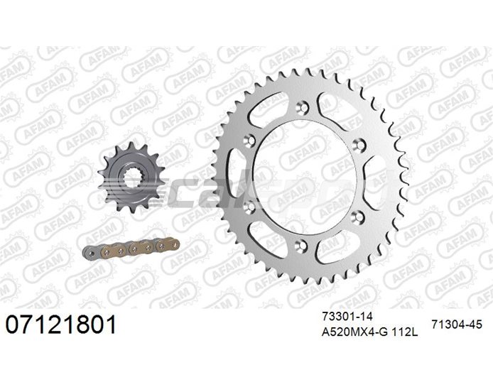 07121801 - AFAM Premium Chain & Steel Sprocket Kit, 520 (OE pitch) - Gold 112 link chain, 14T steel/45T steel sprockets