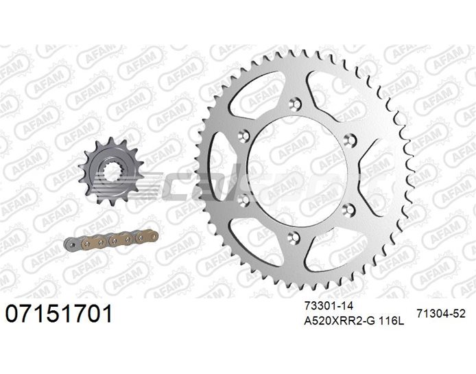 07151701 - AFAM Premium Chain & Steel Sprocket Kit, 520 (OE pitch) - Gold 116 link chain, 14T steel/52T steel sprockets