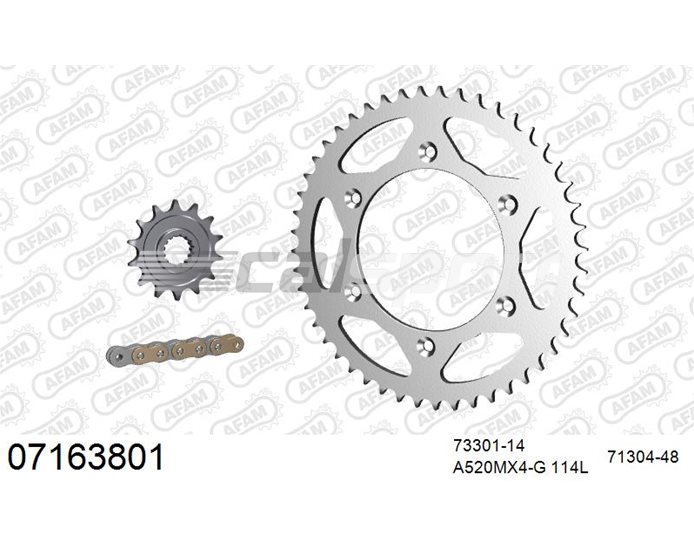 07163801 - AFAM Premium Chain & Steel Sprocket Kit, 520 (OE pitch) - Gold 114 link chain, 14T steel/48T steel sprockets