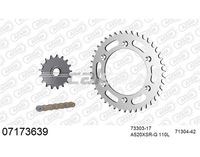 07173639 - AFAM Premium Chain & Steel Sprocket Kit, 520 (OE pitch) - Gold 110 link chain, 17T steel/42T steel sprockets