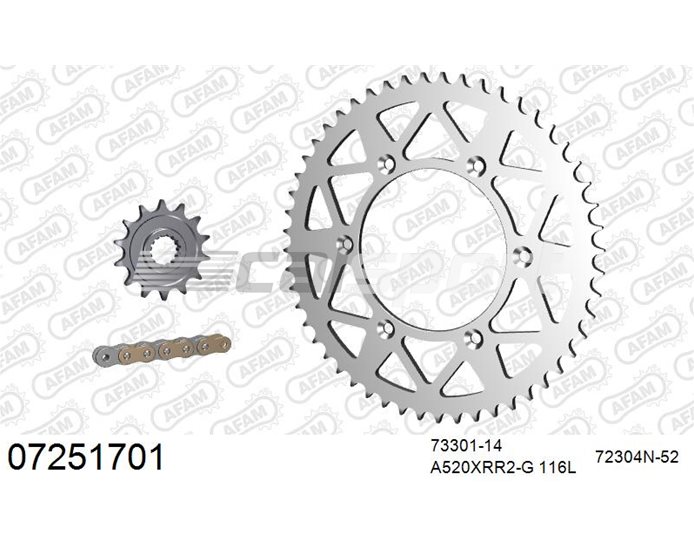 07251701 - AFAM Premium Chain & Ultralight Alu Racing Sprocket Kit, 520 (OE pitch) - Gold 116 link chain, 14T steel/52T alu sprockets