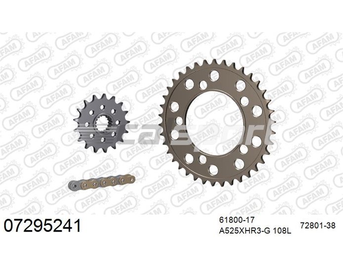 07295241 - AFAM Premium Chain & Ultralight Alu Racing Sprocket Kit, 525 (OE pitch) - Gold 108 link chain, 17T steel/38T alu sprockets