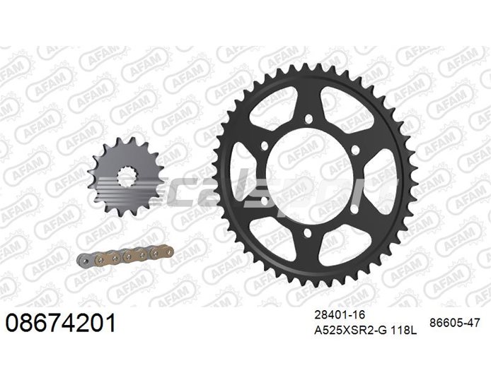 AFAM Premium Chain & Steel Sprocket Kit, 525 (OE pitch), From VIN 560477,R From VIN 560477 - Gold 118 link chain, 16T steel/47T steel sprock