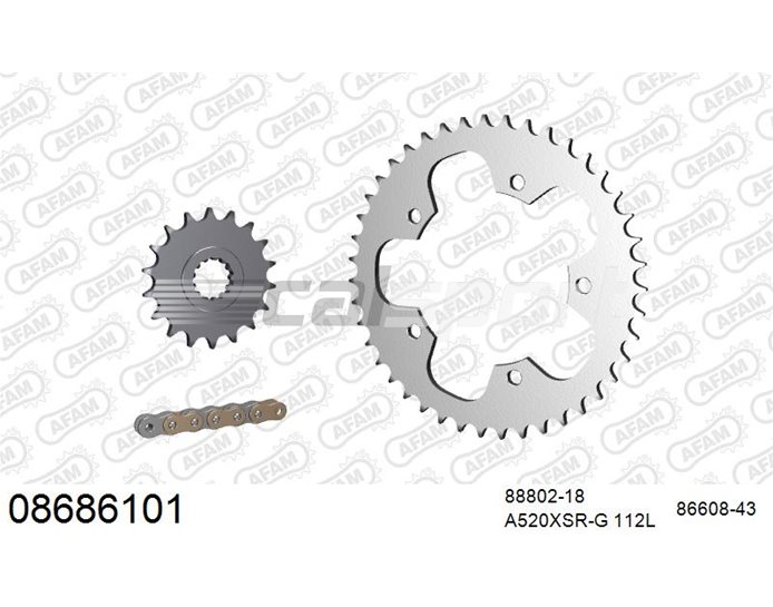 08686101 - AFAM Premium Chain & Steel Sprocket Kit, 520 (OE pitch) - Gold 112 link chain, 18T steel/43T steel sprockets